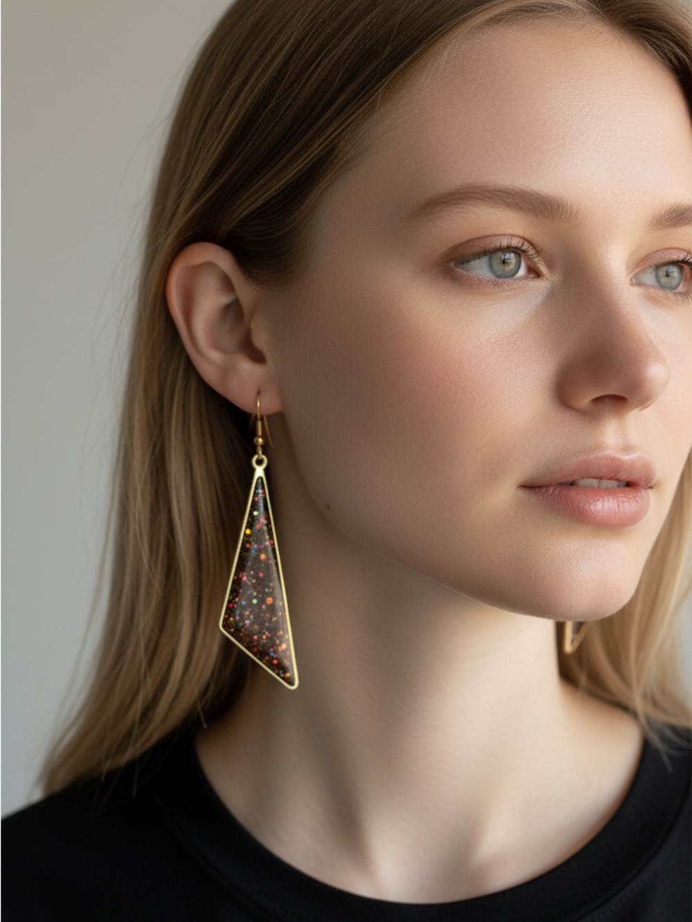 10/3 Gold-Tone Triangle Dangle Earrings with Multicolor Speckle Inlay